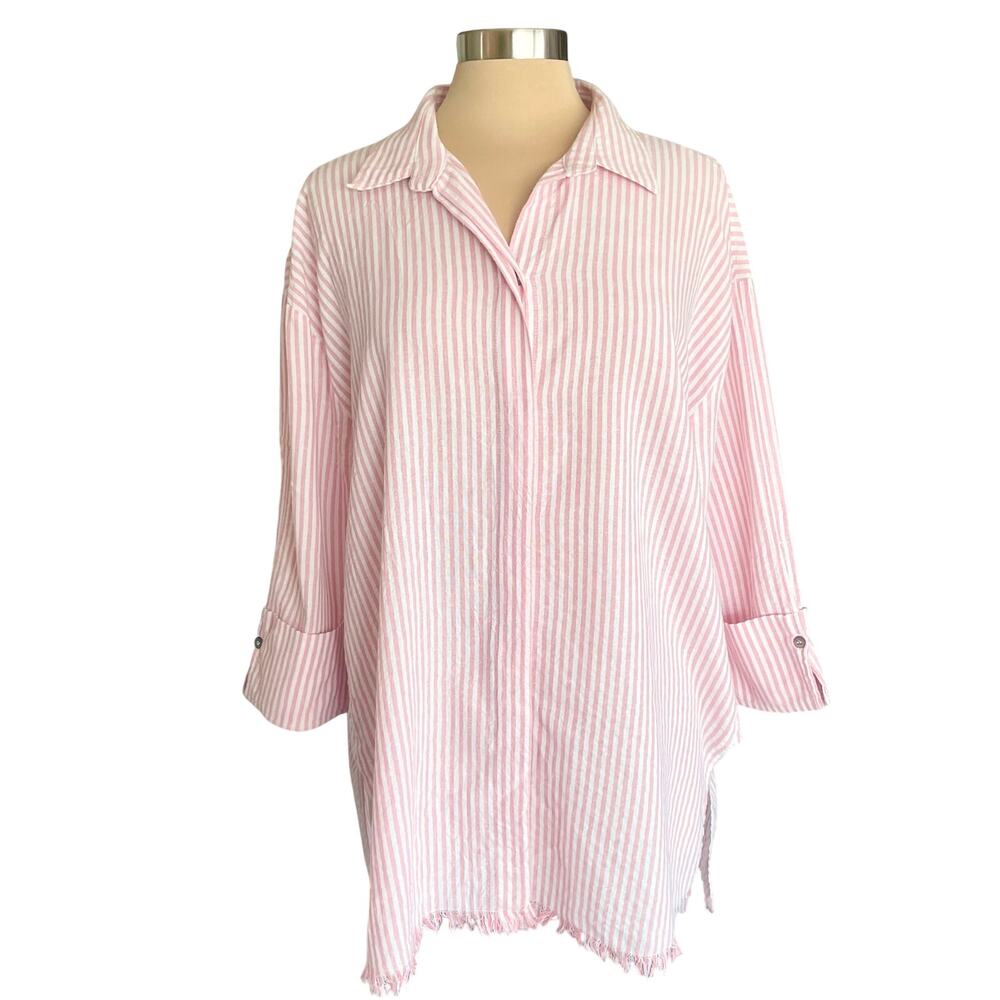 Umgee Pink & White Stripe Oversized Button Down Tunic Top MED Boho Lagenlook